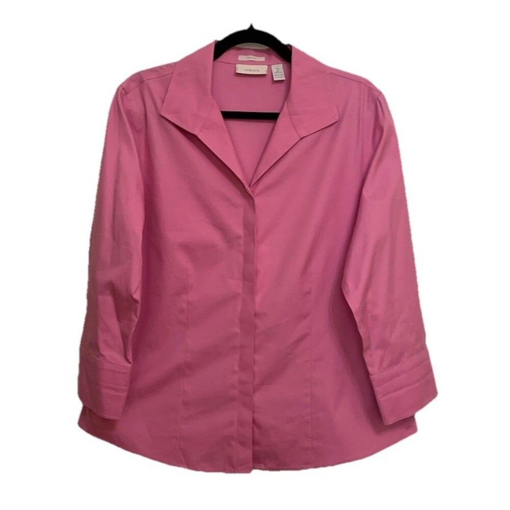 Chicos Size 2 Womens Large Top No Iron Button Front Blouse Pink Cotton
